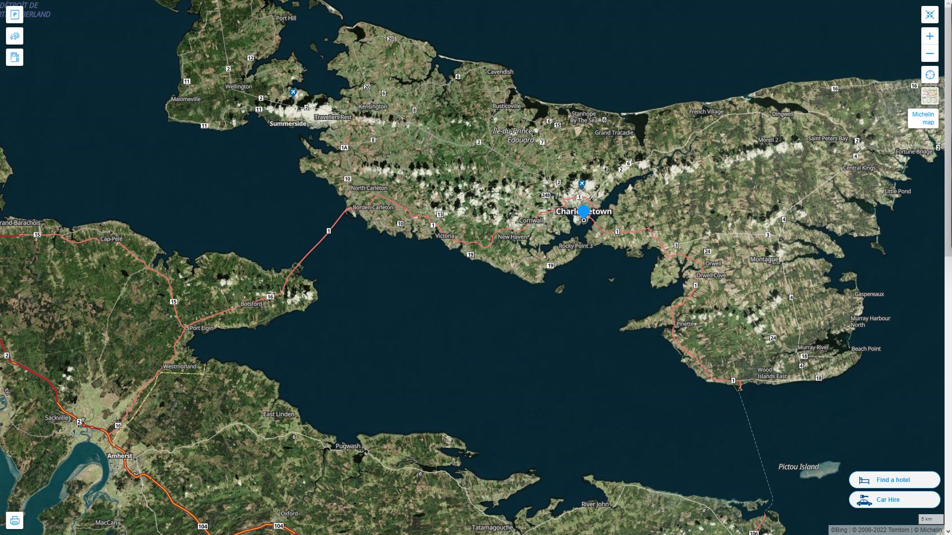 Charlottetown Canada Autoroute et carte routiere avec vue satellite
